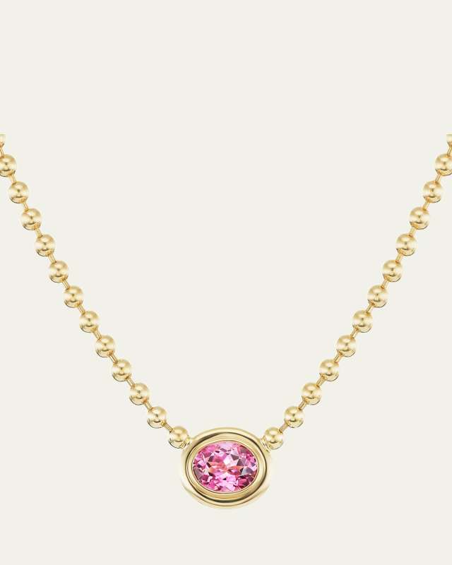 18K Yellow Gold Double Bubble Bezel Pink Tourmaline Oval Pendant Necklace